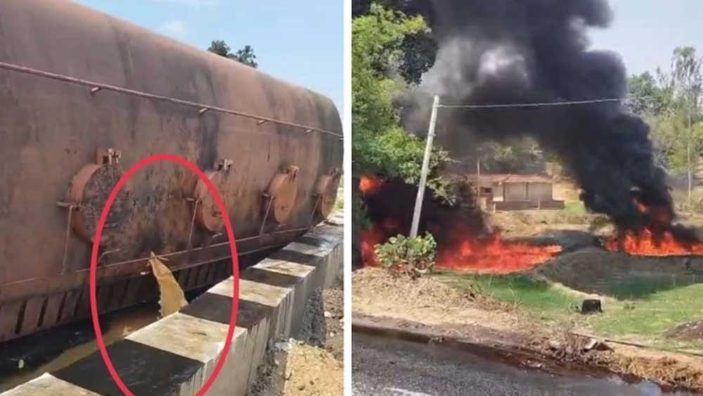 टैंकर हादसे के बाद सड़क पर फैला तेल बना खतरा, फिसलकर गिरे दो बाइक सवार, फिर भड़की आग