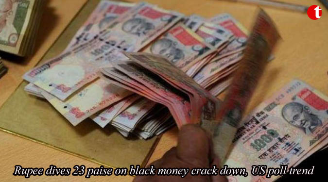 Rupee dives 23 paise on black money crack down, US poll trend
