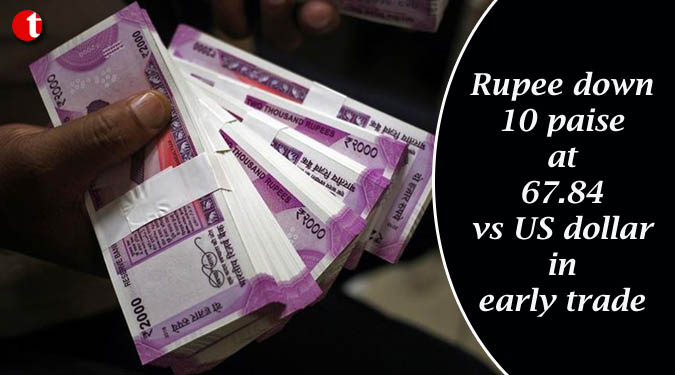 Rupee down 10 paise at 67.84 vs US dollar in early trade