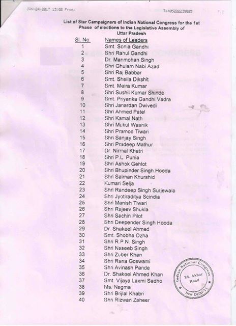 कांग्रेस ने उत्तर प्रदेश चुनाव के लिए 40 स्टार प्रचारकों की सूची जारी की