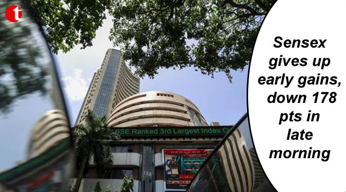 Sensex gives up early gains, down 178 pts in late morning