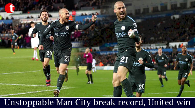 Unstoppable Man City break record, United win