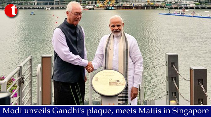 Modi unveils Gandhi's plaque, meets Mattis in Singapore