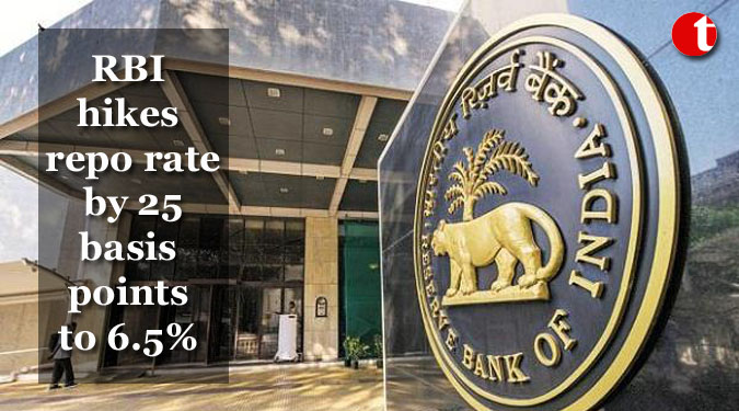 RBI hikes repo rate by 25 basis points to 6.5%