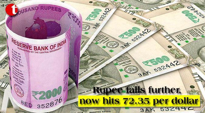 Rupee falls further, now hits 72.35 per dollar