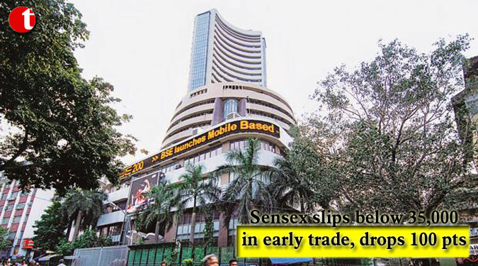 Sensex slips below 35,000 in early trade, drops 100 pts