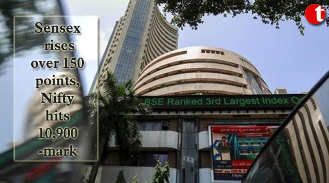 Sensex rises over 150 points, Nifty hits 10,900-mark