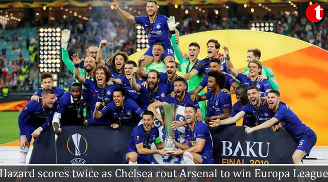 Hazard scores twice as Chelsea rout Arsenal to win Europa League