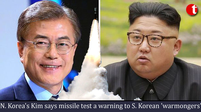 N. Korea’s Kim says missile test a warning to S. Korean ‘warmongers’