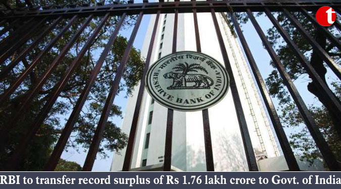 RBI to transfer record surplus of Rs 1.76 lakh crore to Govt. of India