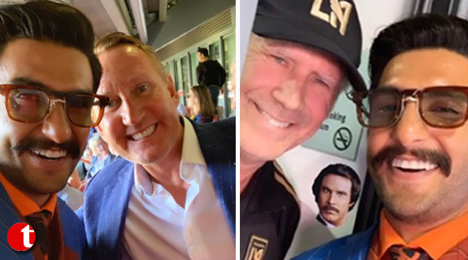 Ranveer Singh poses with Will Ferell, Ray Parlour