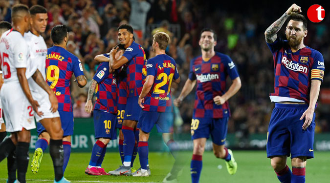 Lionel Messi nets first as nine-man Barcelona thrash Sevilla