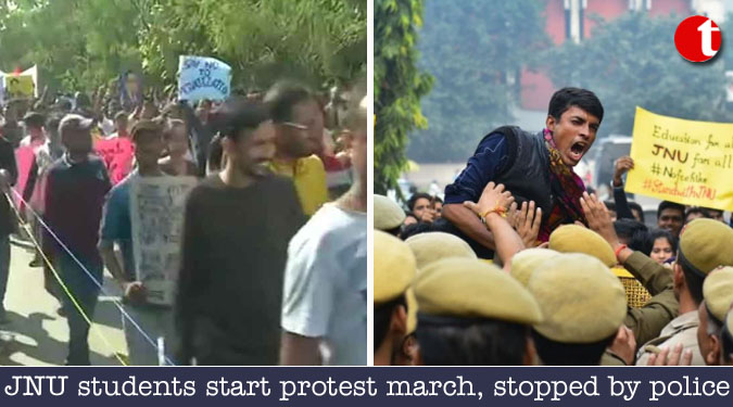 JNU students start protest march, stopped by police