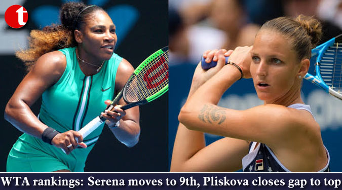 WTA rankings: Serena moves to 9th, Pliskova closes gap to top