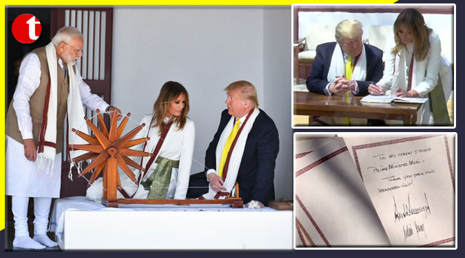 Donald Trump, Wife try spinning ‘charkha’ at Sabarmati Ashram