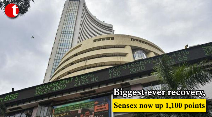 Biggest-ever recovery, Sensex now up 1,100 points