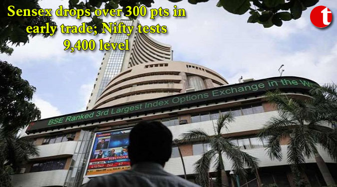 Sensex drops over 300 pts in early trade; Nifty tests 9,400 level