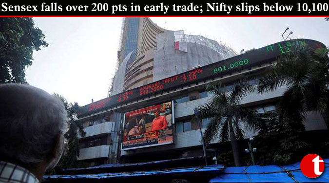 Sensex falls over 200 pts in early trade; Nifty slips below 10,100