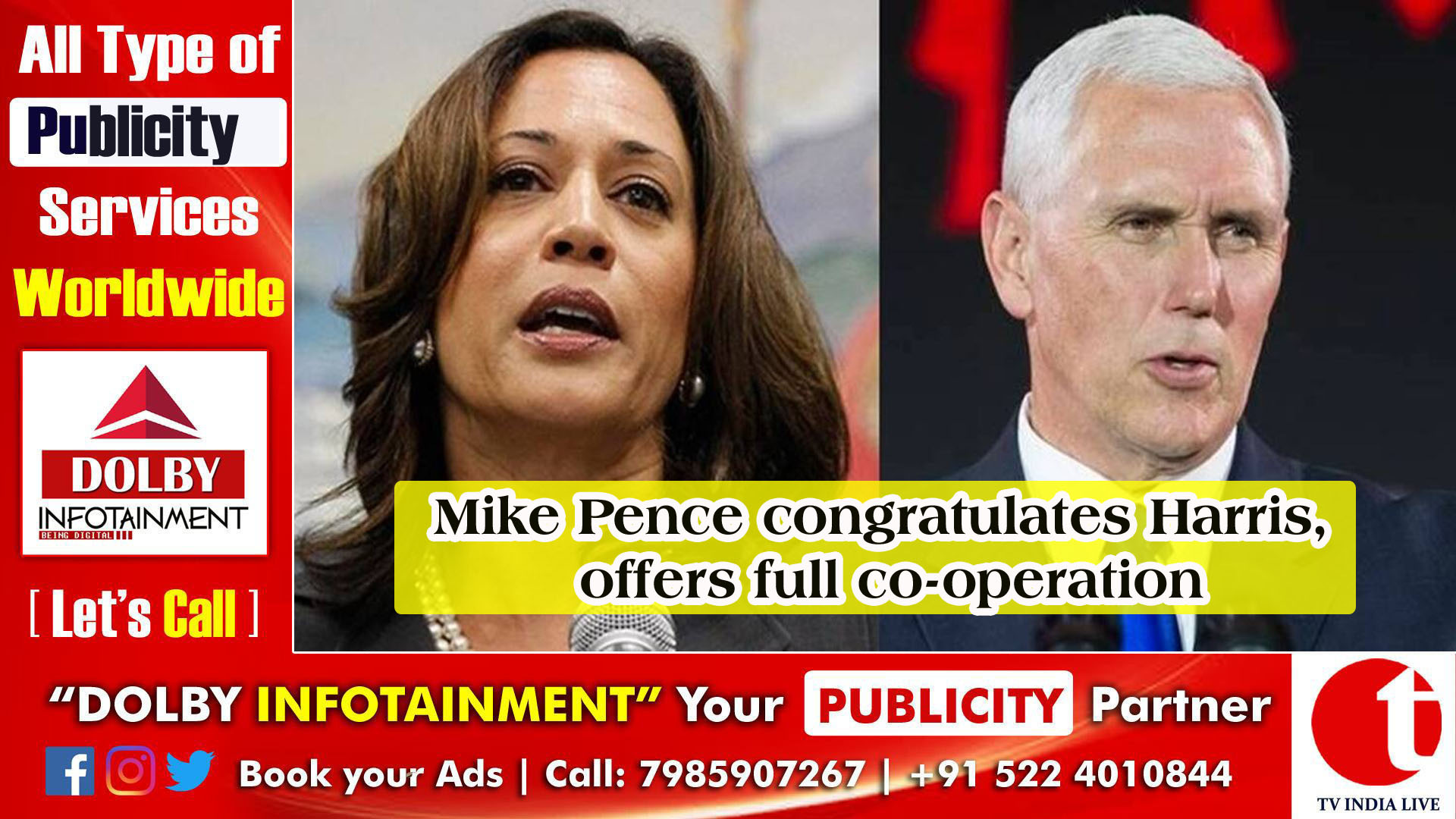 Mike Pence congratulates Harris, offers full co-operation