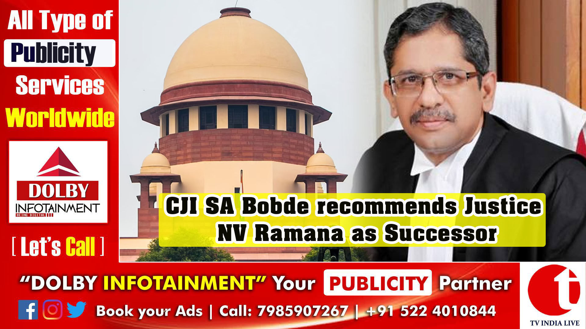 TIL Desk/National/New Delhi/ Chief Justice of India SA Bobde has recommended Justice NV Ramana as his successor after he retires next month. Chief Justice Bobde is set to retire on April 23. The government had last week asked him to recommend his successor, a source said. Law Minister Ravi Shankar Prasad on Friday reportedly sent a letter to Justice Bobde, seeking his recommendation. Justice NV Ramana is the most senior judge in the Supreme Court after Chief Justice Bobde. Born on August 27, 1957, Justice Ramana will have a tenure as the country's top judge for a year and four months, till August 26, 2022. The judge, who is from an agricultural family in Andhra Pradesh, was appointed as a permanent judge of the Andhra Pradesh High Court in June 2000. He served as Chief Justice of the Delhi High Court before being elevated to the Supreme Court in February 2014. He was part of a bench that ruled that suspension of Internet in Jammu and Kashmir should be reviewed immediately. He was also part of the panel of judges which held that the Chief Justice's office comes under the ambit of the Right to Information (RTI) Act.