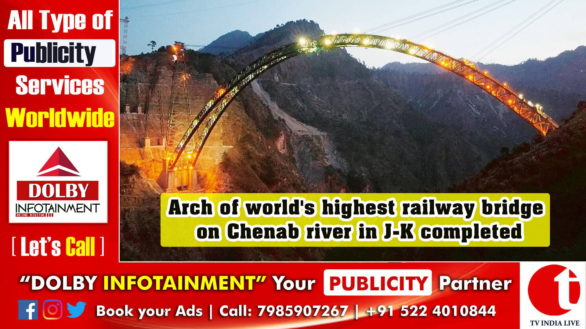 Arch of world's highest railway bridge on Chenab river in J-K completed