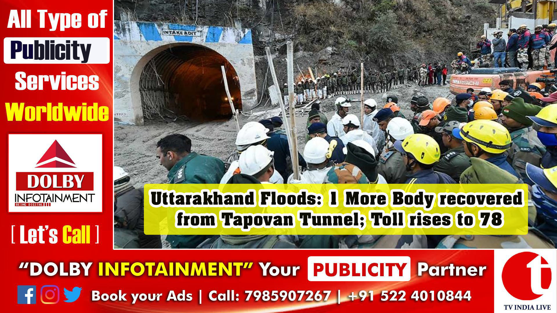 Uttarakhand Floods: 1 More Body recovered from Tapovan Tunnel; Toll rises to 78