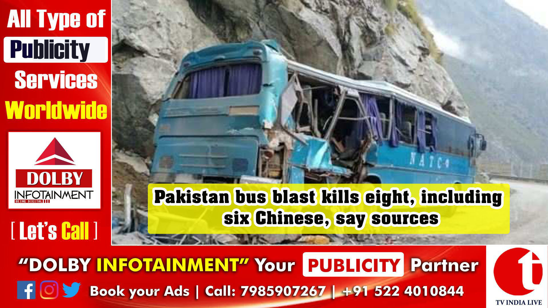 Pakistan bus blast kills eight, including six Chinese, say sources