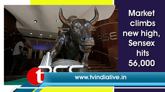 Market climbs new high, Sensex hits 56,000