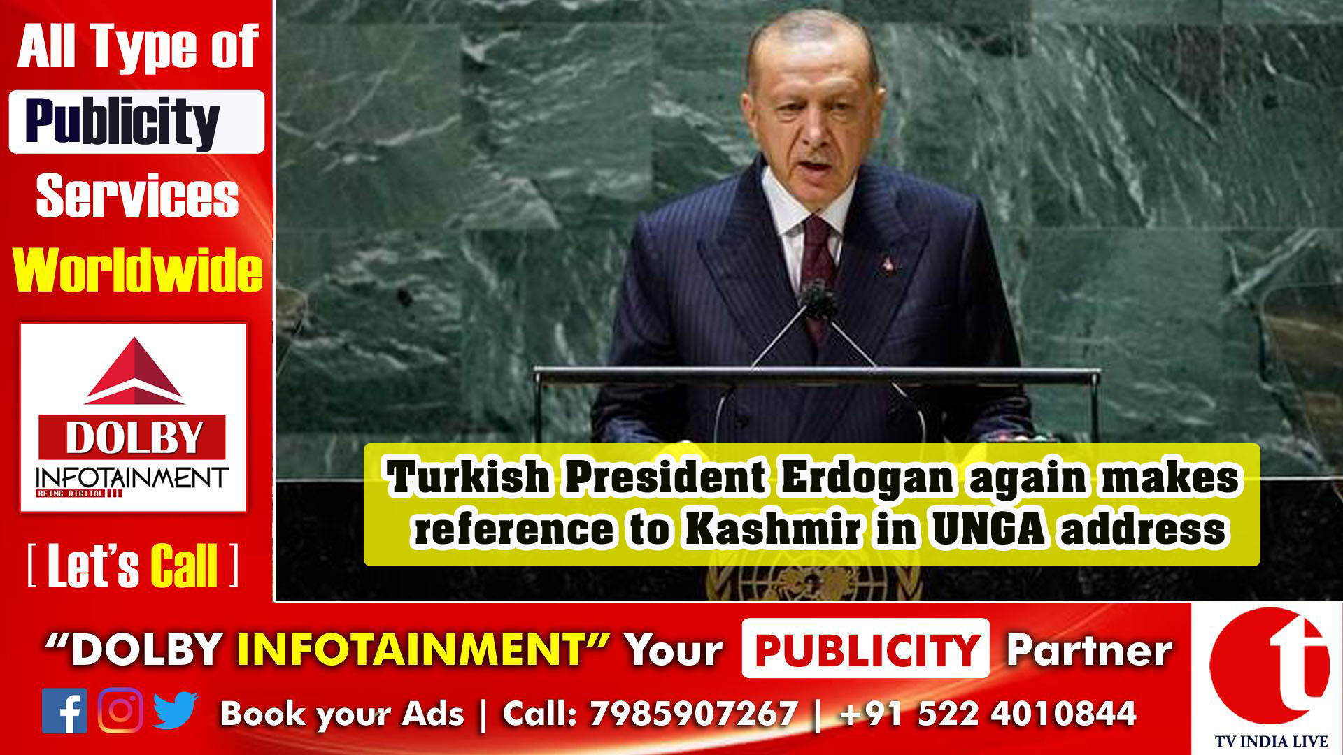 Turkish President Erdogan again makes reference to Kashmir in UNGA address