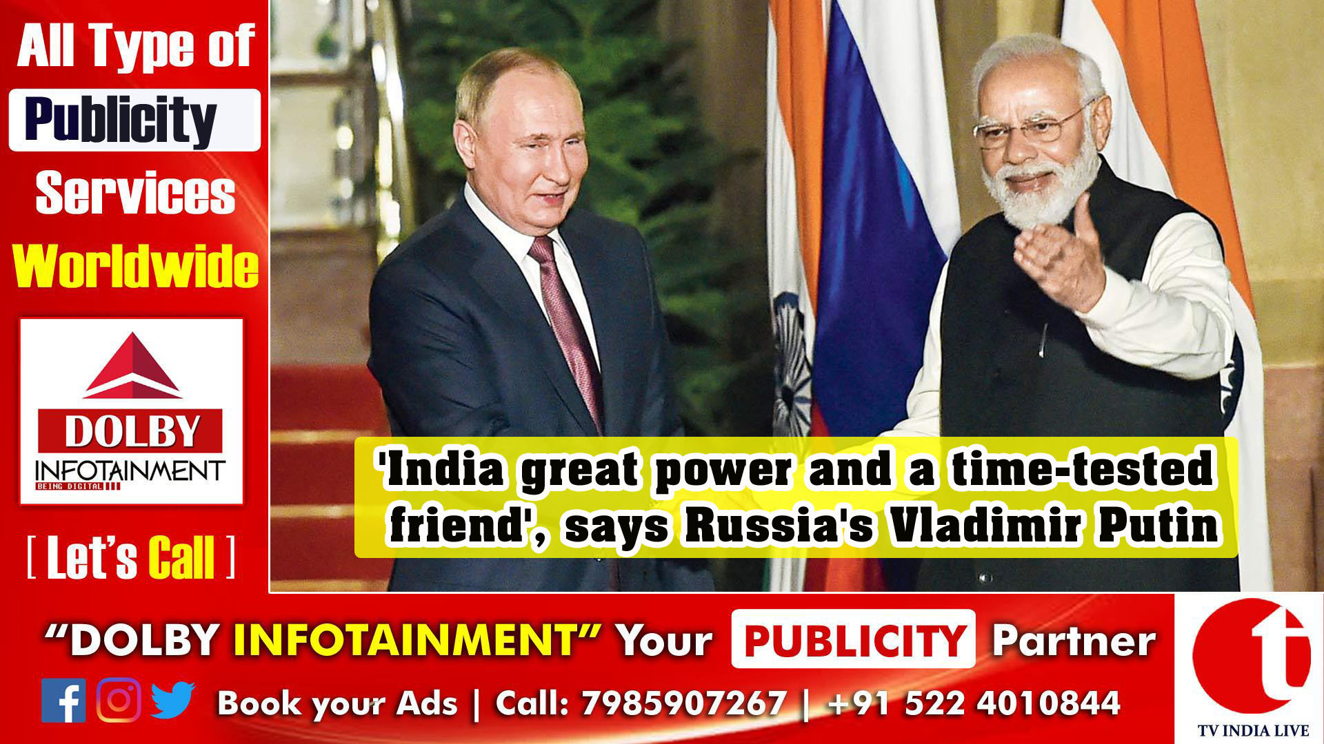 'India great power and a time-tested friend', says Russia's Vladimir Putin