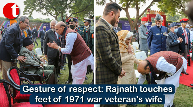 Gesture of respect: Rajnath touches feet of 1971 war veteran's wife