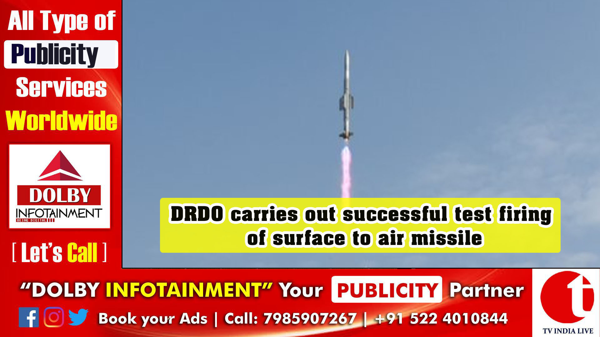 DRDO carries out successful test firing of surface to air missile