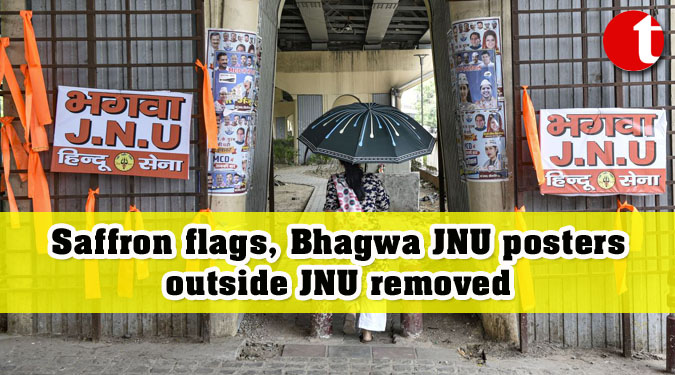 Saffron flags, Bhagwa JNU posters outside JNU removed