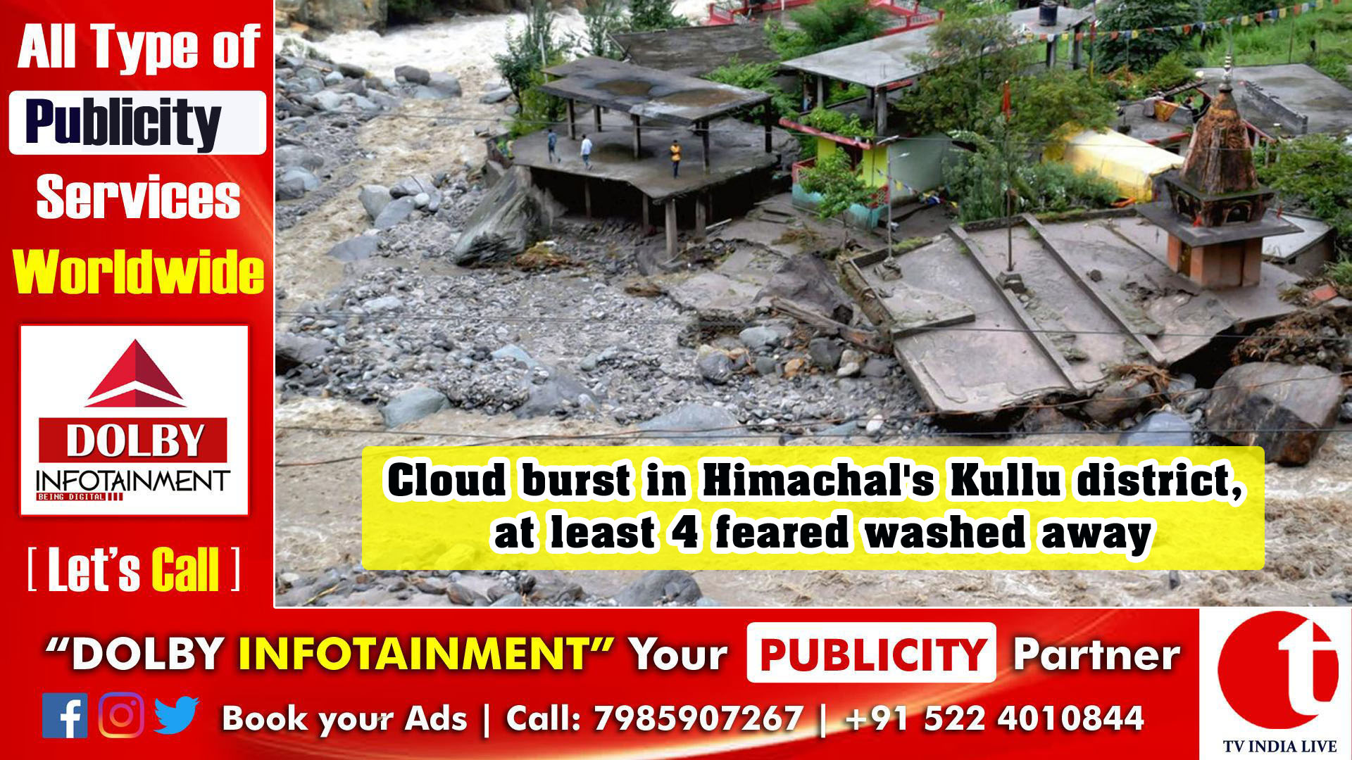 Cloud burst in Himachal's Kullu district, at least 4 feared washed away