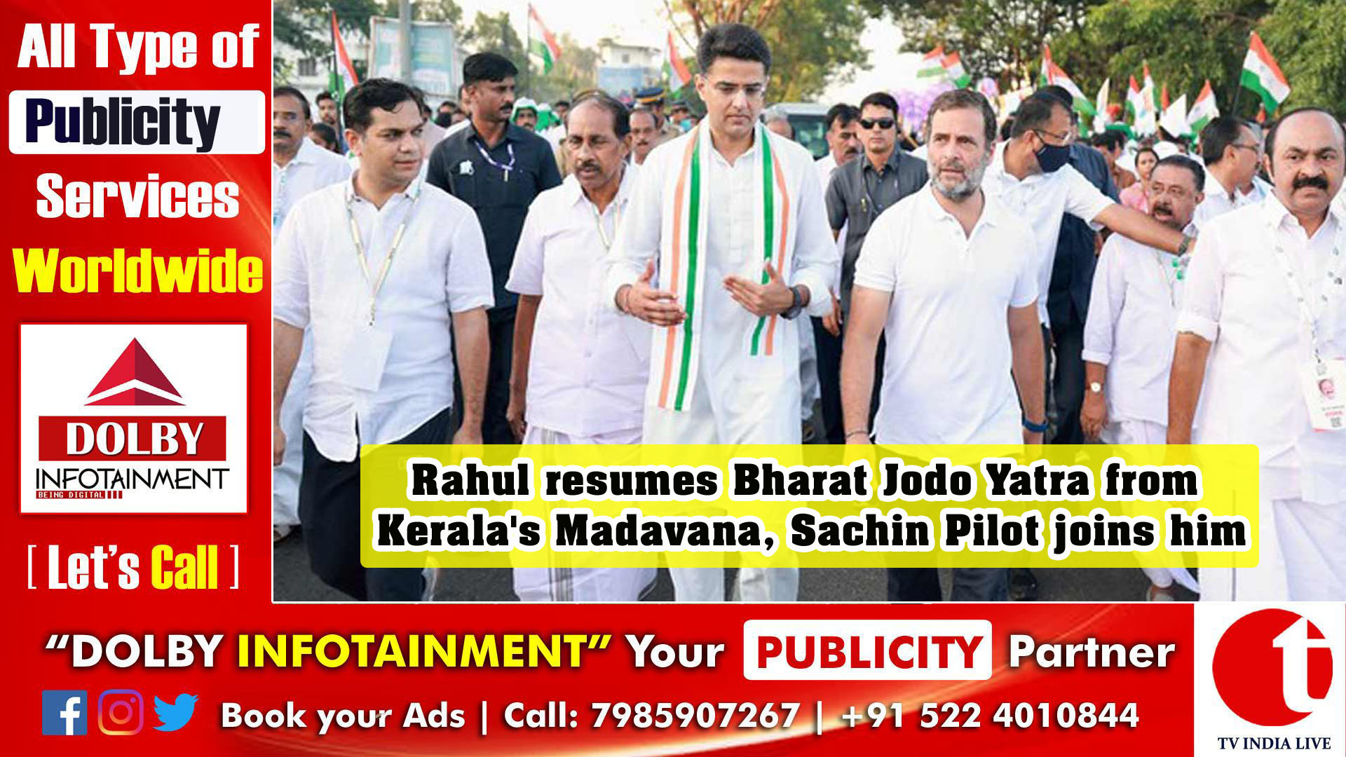 TIL Desk/National/New Delhi/ Senior Congress leader Rahul Gandhi on Wednesday resumed his party's Bharat Jodo Yatra from Madavana near here after paying floral tributes to social reformer Sree Narayana Guru, with senior leader Sachin Pilot joining him in the footmarch. The Wayanad MP was accompanied by others including senior state Congress leaders, as he began the 14th day of the yatra. "An inspiring start to the day. Offered my tributes to the great spiritual leader, philosopher and social reformer, Sree Narayana Guru whose teachings of equality are key to the idea of #BharatJodoYatra," Gandhi tweeted. The Congress leader also shared a photograph of him praying before a portrait of Sree Narayana Guru.