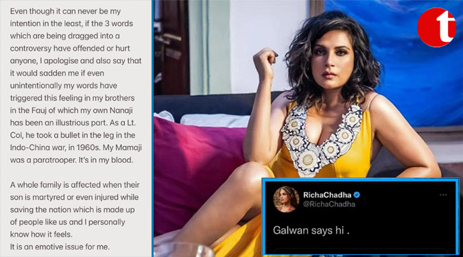 Bollywood Actor Richa Chadha apologises for Galwan tweet