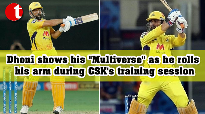 Dhoni shows his "Multiverse" as he rolls his arm during CSK's training session