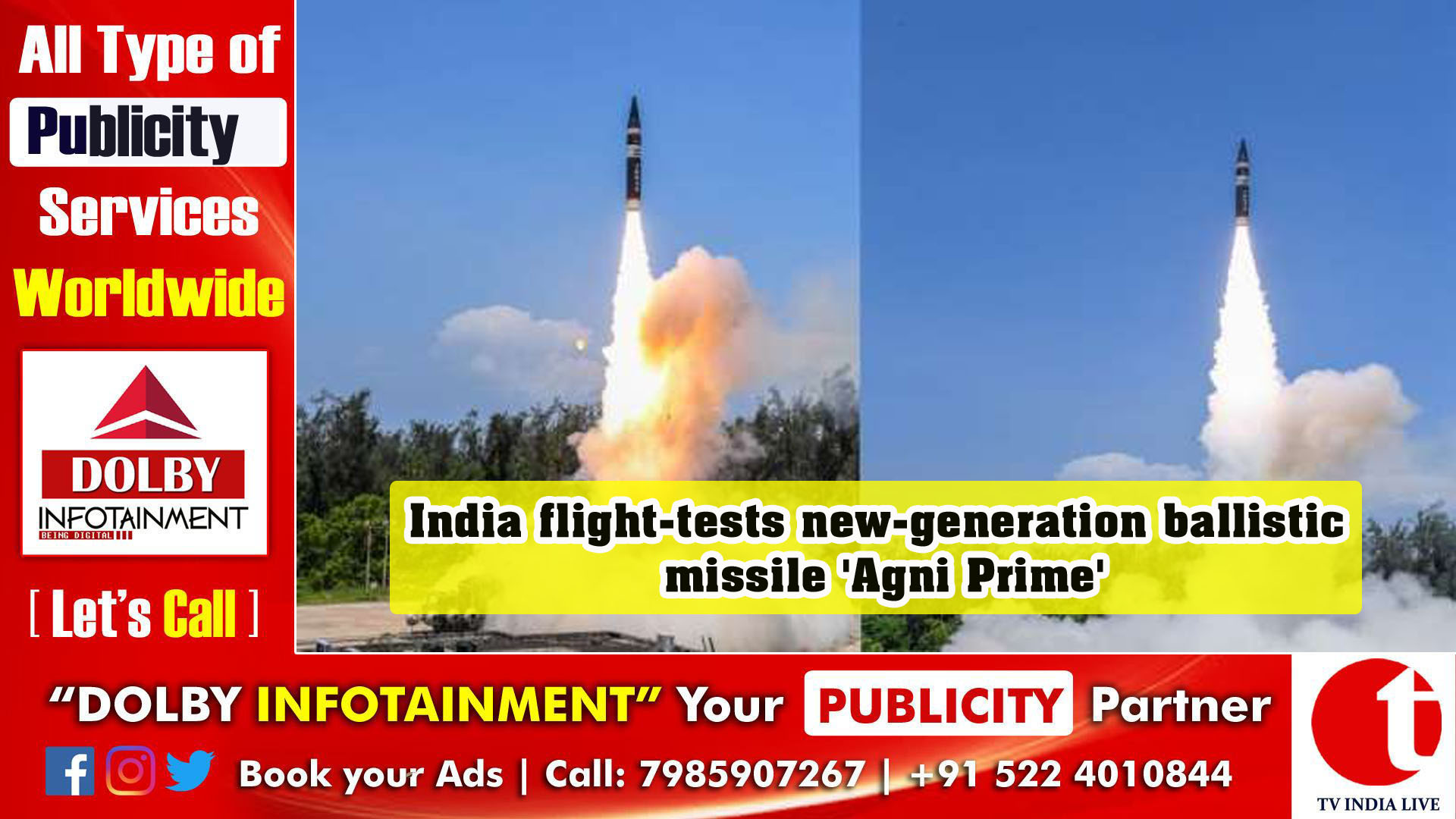 India flight-tests new-generation ballistic missile 'Agni Prime'