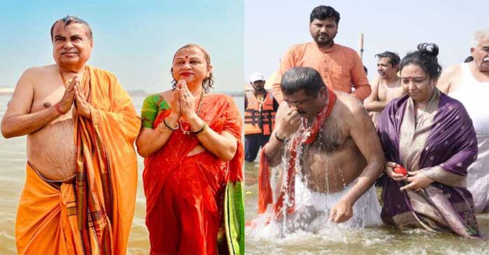 केंद्रीय मंत्री नितिन गडकरी और धर्मेंद्र प्रधान ने संगम में लगाई डुबकी