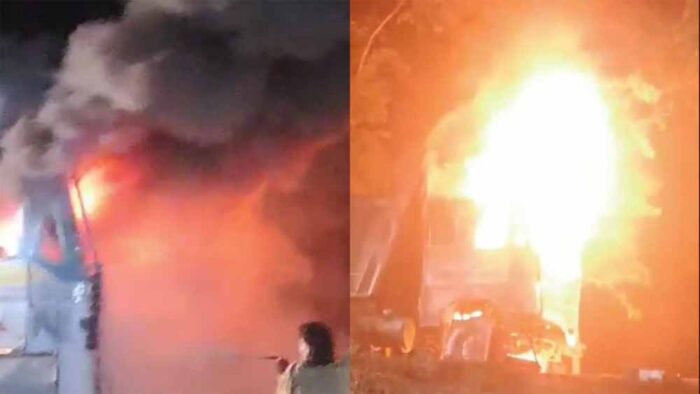 ट्रक-हाइवा की टक्कर के बाद लगी आग, हाइवा चालक की मौत, मौके पर पहुंची  पुलिस और दमकल की टीम
